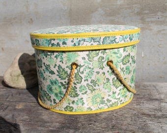 Vintage Oval Sewing Box Basket, Cardboard and Fabric Sewing Box, Sewing Basket, Green Paisley, Green Flowers