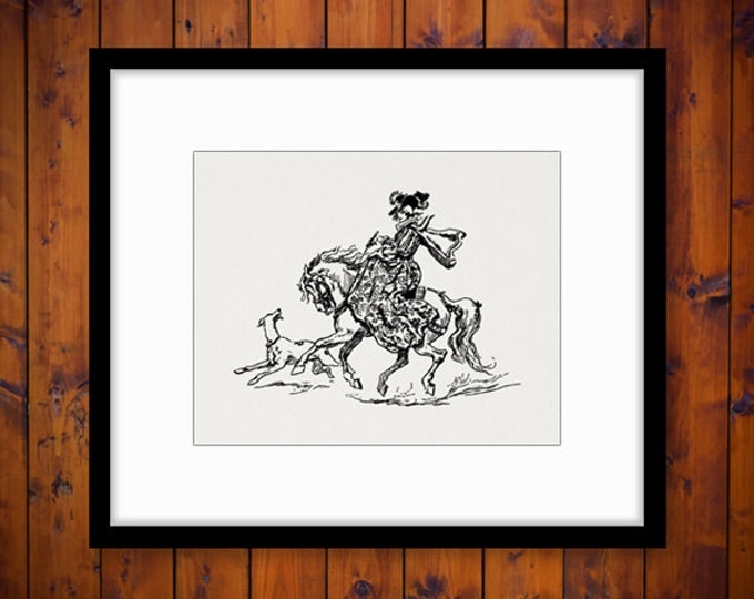 Printable Woman Riding Horse Graphic Digital Illustration Download Image Antique Clip Art for Transfers etc HQ 300dpi No.3234