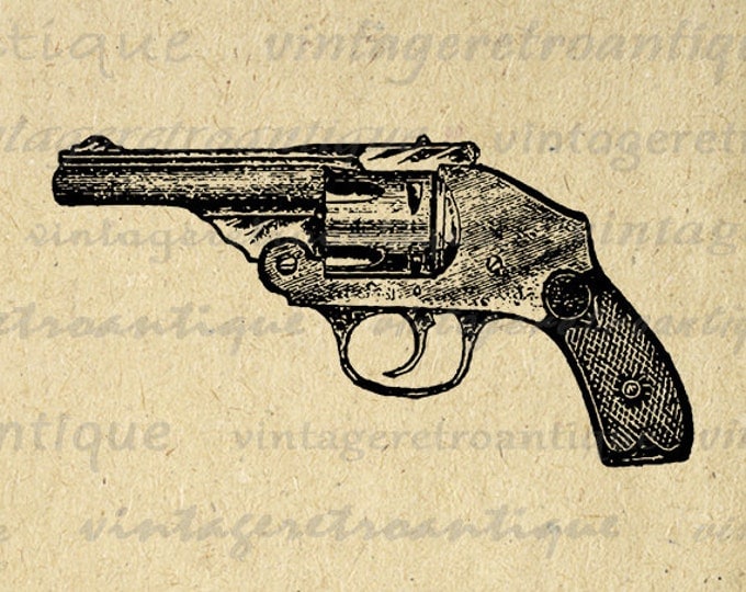 Digital Antique Revolver Graphic Printable Pistol Gun Illustration Image Download Vintage Clip Art Jpg Png Eps HQ 300dpi No.1610