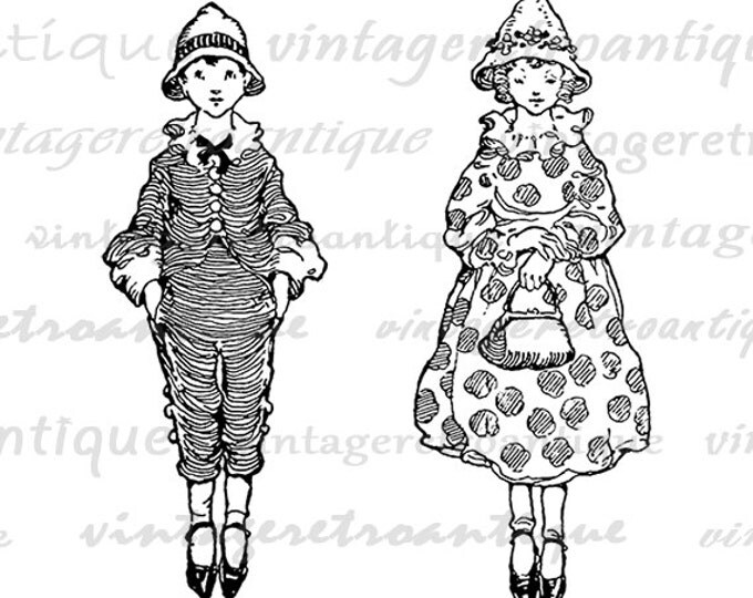 Printable Image Antique Boy and Girl Download Children Child Graphic Digital Vintage Clip Art Jpg Png Eps HQ 300dpi No.3276