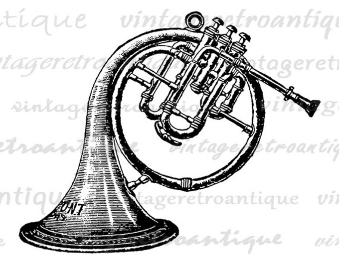 Printable Digital French Horn Graphic Music Instrument Image Illustration Download Artwork Antique Clip Art Jpg Png HQ 300dpi No.1136