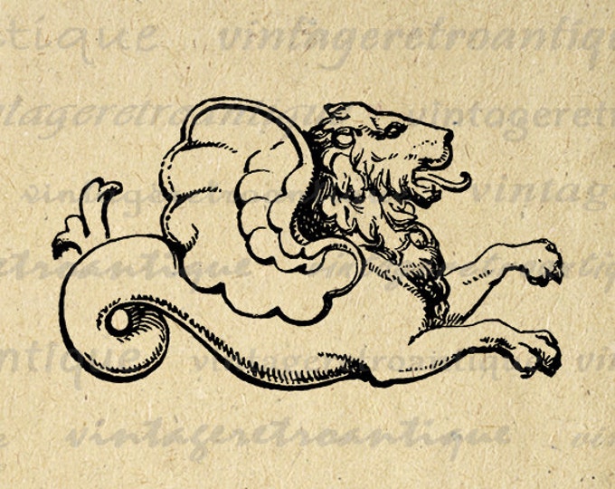 Printable Graphic Lion Dragon Classical Symbol Download Digital Image Vintage Clip Art for Transfers Making Prints etc HQ 300dpi No.2338