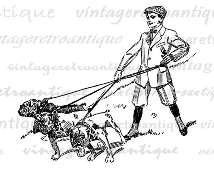 Printable Digital Boy Walking Bulldogs Image Dog Graphic Download Vintage Clip Art Jpg Png Eps HQ 300dpi No.1164