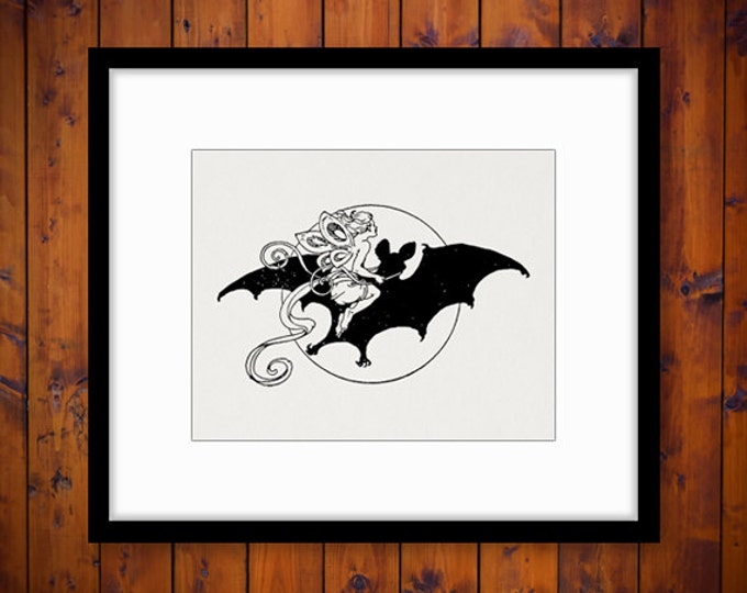 Digital Image Fairy Riding Bat Download Printable Graphic Artwork Vintage Clip Art for Transfers Making Prints etc HQ 300dpi No.2906