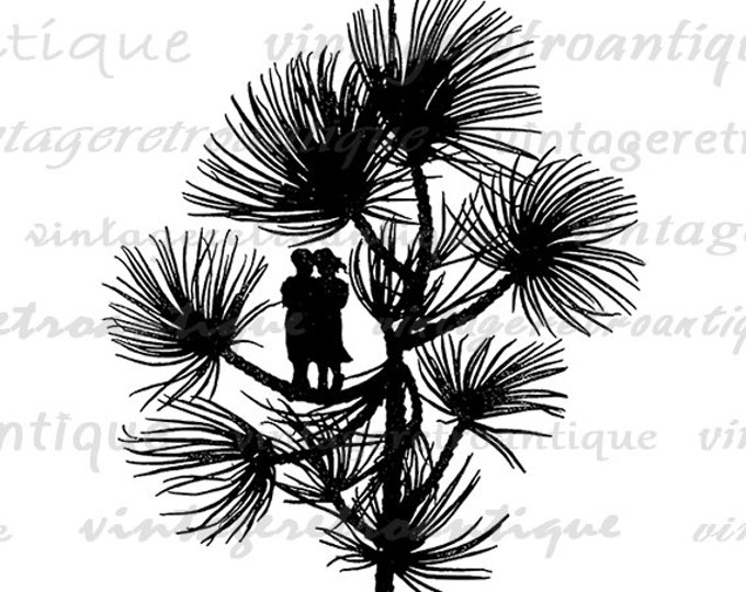 Fairy Couple on Branch Silhouette Image Digital Download Printable Graphic Antique Clip Art Jpg Png Eps HQ 300dpi No.2205