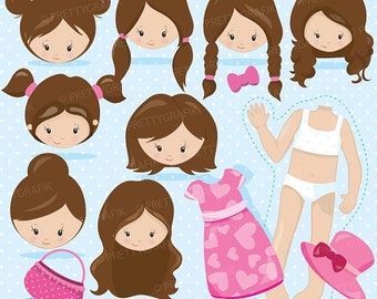80% OFF SALE Brunette girl faces Paper doll clipart commercial use, character vector graphics, girl digital clip art, digital images - CL867