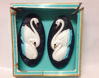 Vintage Miller Studio Chalkware Swan Plaques New Old Stock, 1960s Collectible/USA Made/Decorative/Wall Hanging/Home Decor