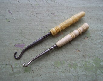 A Pair Of Antique Button Hooks - Bone & Steel - Victorian/Edwardian.