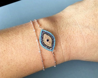 Large Evil Eye bracelet, Protection Bracelet, layered bracelet, Rose gold satellite chain, Evil Eye Jewelry, celebrity inspired jewelry