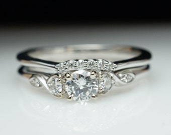 Vintage Antique Style Diamond Engagement Ring & Wedding Band Set Vintage Style White Gold Engagement Ring Round Diamond Bridal Set Petite