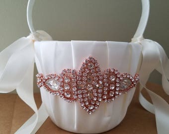 SALE - Wedding Flower Basket, Flower Girl Basket, Rhinestone Flower Basket - with Rose Gold Details - Style BK1012RG