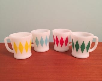 Fire King D handle diamond mugs Turquoise Red Green Yellow Anchor Hocking Mid Century 1950s 50s
