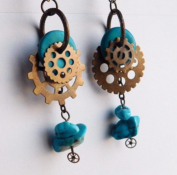 Alternating Shapes • Big Brass Gears & Turquoise Chunks • Clock and Watch Gear Steampunk Earrings with Raw Rough Gemstone Crystals by IndustrialCrystals steampunk buy now online
