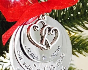 SALE Personalized first christmas ornament wedding ornament engagement ornament first christmas as mr. And mrs. Hand stamped heart charm