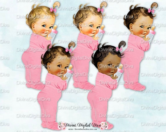 Vintage Baby Girl Pink Footie Pajamas & Bottle | 4 Skin Tones | Clipart Instant Download