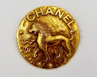 Vintage CHANEL LEO PIN Brooch Gold Tone Raised Chanel Logo Leo The Lion Good Luck Pin