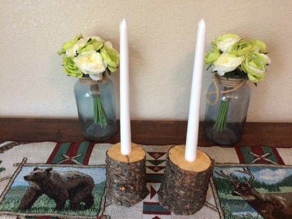 Set of 2 Rustic Lodgepole Pine with bark taper Candleholders!