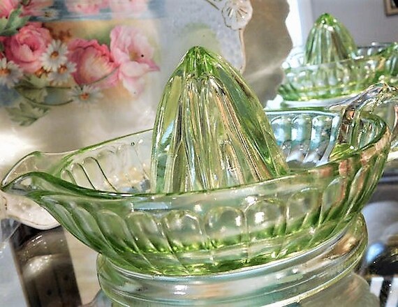 1930s Green Vaseline Uranium Depression Glass LARGE Juicer Reamer Art Deco Vintage Kitchen Cottage Home Decor Country Wedding Anchor Hocking