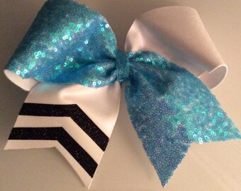 Light Blue Sequin and White with Black Glitter Cheer Bow