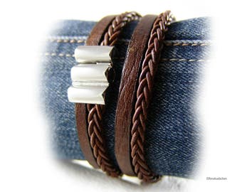 Men's braided leather bracelet brown silver stainless steel mens jewelry - gift for husband best friend brother father boyfriend dad