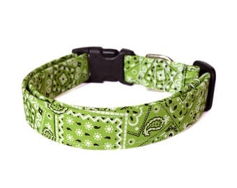 Lime Green Dog Collar, Bandana Print Dog Collar, Designer Dog Accessory, Pet Accessories, Adjustable Fabric Dog Collar, Plastic Nickel Brass