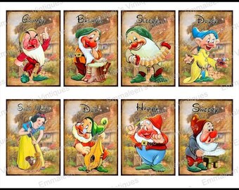 8 Vintage Grunge Snow White 7 Dwarfs Collage Sheet ATC ACEO / Retro Children Digital Collage Sheet Tags Images—Printable Ephemera