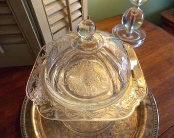 BUTTER DISH with Dome Cover, Clear Depression Glass "Madrid Pattern" Serving Ware