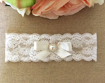 Wedding Garter - Bridal Garter - Toss Garter - Ivory Lace Garter with Satin Bow and Pearl