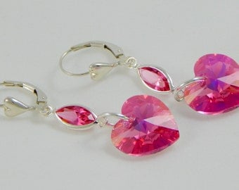 Heart Shaped Earrings/Heart Jewelry/Pink Jewelry/Earrings Pink/Valentines Day/Under 30/Earrings Leverback/Silver Heart Earrings