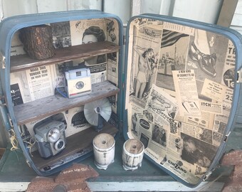 Vintage Decoupaged Suitcase Shelf with Barnwood Shelves