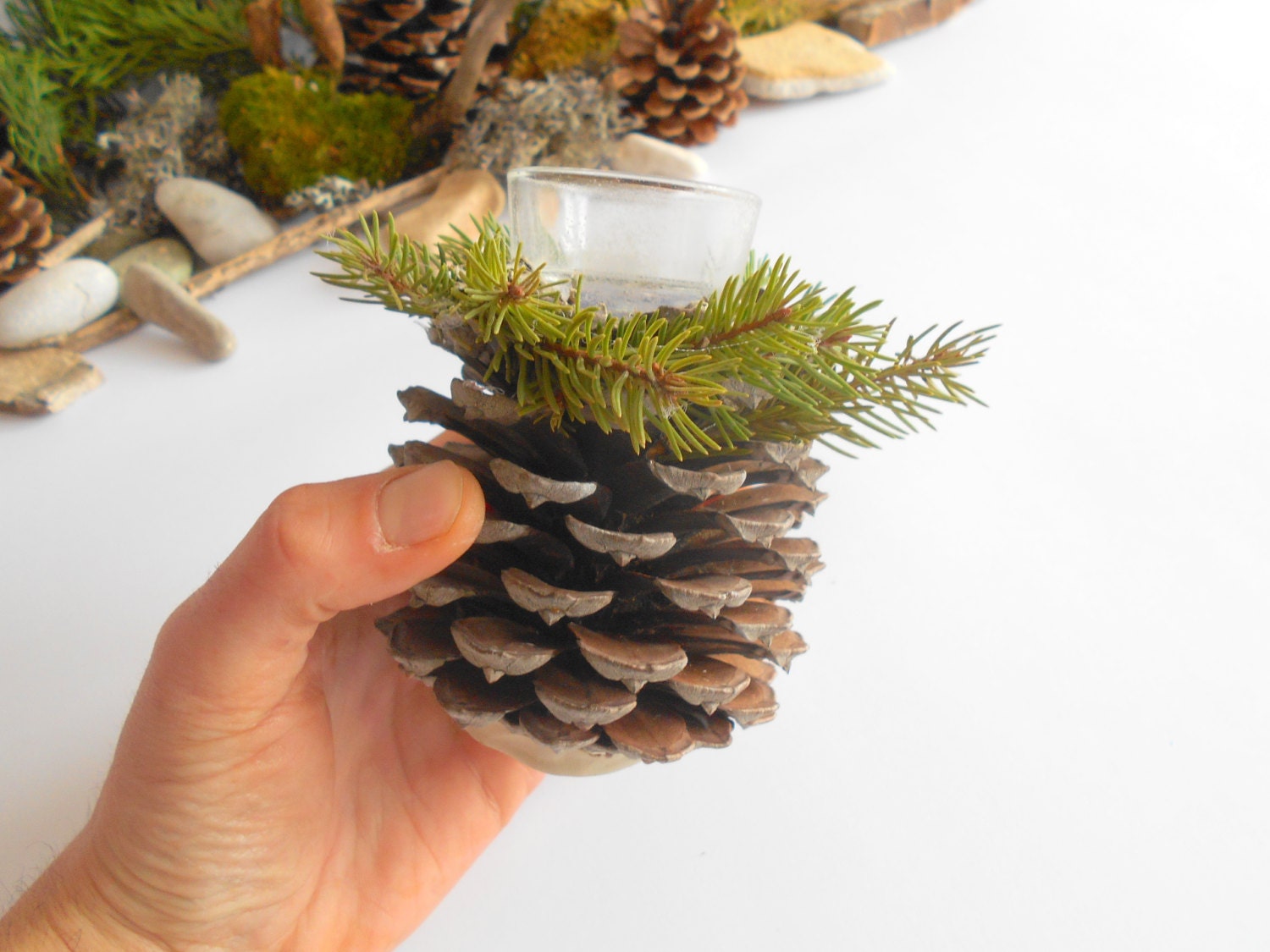 Candle holder handmade pine cone natural by ExiArtsEcoCrafts