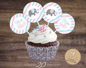 Instant Download 2" Gender Reveal Elephant Baby Shower Cupcake Toppers, He or She Pink Blue Elephant Cupcake Toppers, Boy or Girl 22J