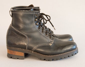 Unisex Black Leather Logger Boots Vintage 90s Lace Up Ankle Boots Stone Ridge Work Boots Engineer Boot Motorcycle Boots Wood Heel Thick Sole