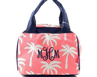 Monogrammed Palm Lunch Bag - Insulated - Coral