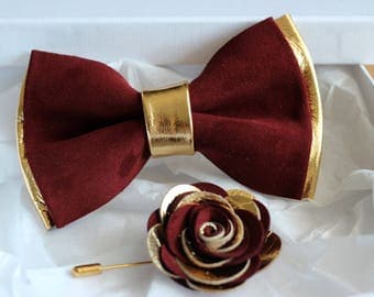 Mens bow tie, burgundy leahter wedding bow tie,gold burgundy groomsmens bow tie, toddler burgundy bow tie, boys bow tie, wedding, maroon