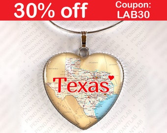 Texas Pendant, Texas Necklace, State Heart Necklace, God Bless Texas, Texas Born and Raised, State of Texas Jewelry, I Love Texas, Texas Map