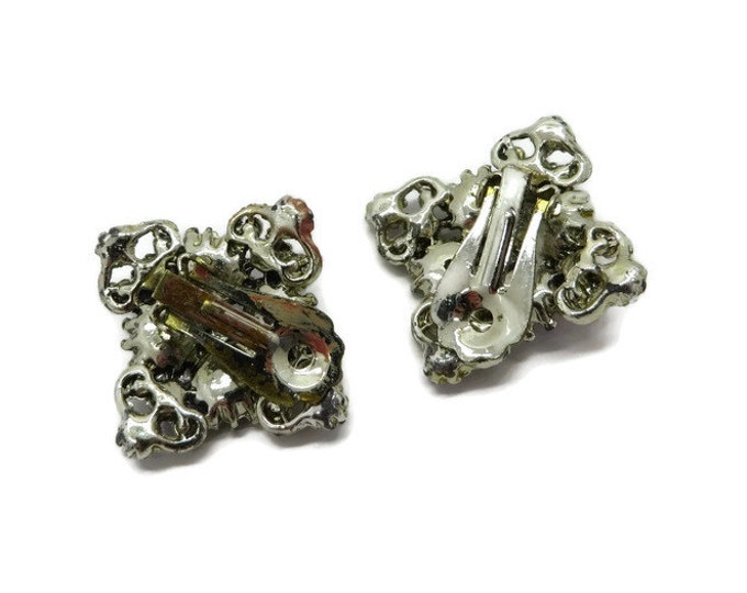Diamond Shaped Earrings - AB Rhinestone Silver Tone Earrings, Vintage Clip-on Earrings, Gift idea, Gift Boxed
