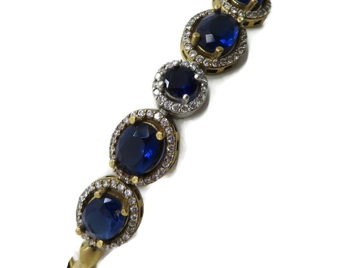 Sapphire and Topaz Bracelet, Vintage Two Tone Sterling Silver Bracelet