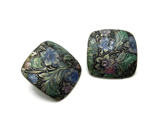 Vintage Etched Flower Pierced Earrings, Painted Floral Square Pierced Studs