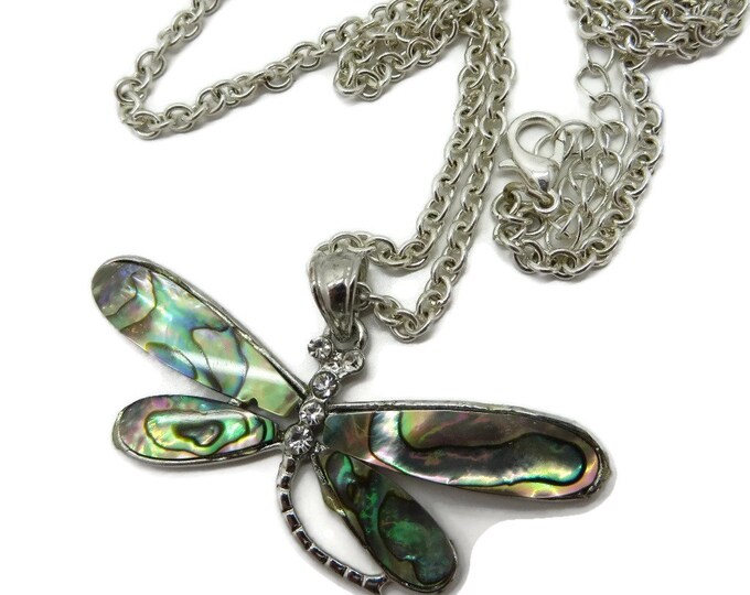 Abalone Butterfly Pendant Necklace, Vintage Rhinestone Studded Silver Tone Necklace