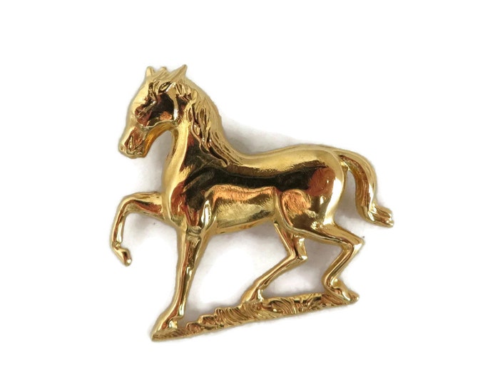 Vintage Horse Brooch, Gold Tone Pin, Prancing Horse Brooch, Western Pin