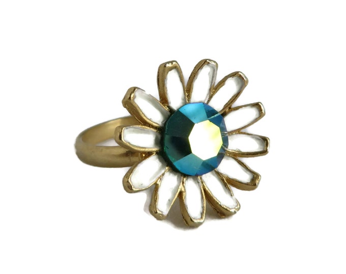 Weiss Daisy Ring, Vintage Enamel Flower Ring, Goldtone Adjustable Ring, Signed Weiss Jewelry