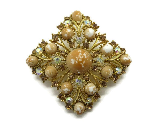 Weiss Orange and White Bead Rhinestone Studded Gold Tone Vintage Brooch