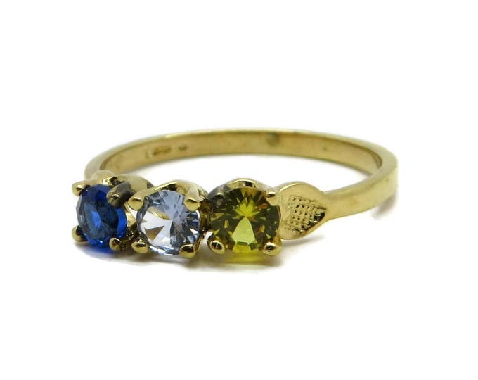 Three Stone Gold Plated Ring, Vintage Blue and Yellow Ring, Faux Topaz, Size 6.5