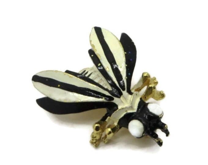 Vintage Weiss Black and Cream Enamel Bee Pin, Gold Tone Wasp Brooch