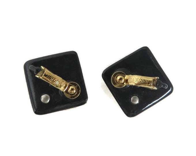 Trifari Square Earrings, Vintage Black & Gold Tone Clip-on Earrings, Signed Trifari Classic Jewelry, Gift Boxed Trifari Square Earrings, Vintage Black & Gold Tone Clip-on Earrings, Signed Trifari Classic Jewelry, Gift Boxed