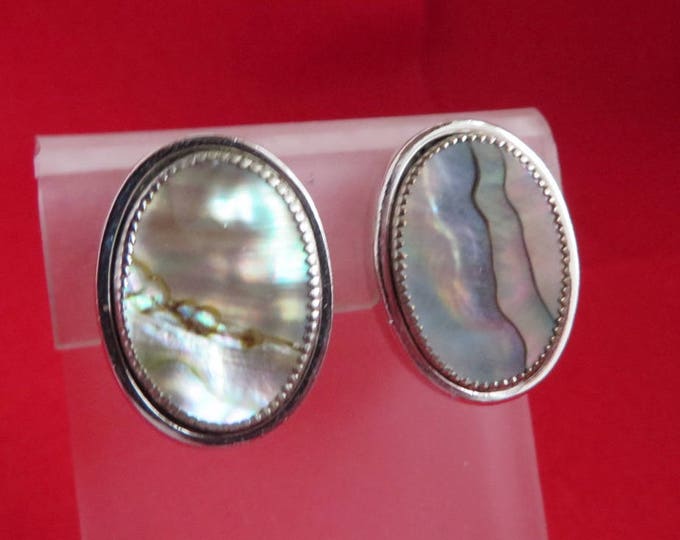 Whiting and Davis Abalone Earrings, Vintage Silvertone Oval Designer Signed Clip on Earrings