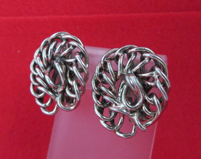 Vintage Freirich Chain Link Earrings - Silver Tone Earrings, 1960s Clip-ons