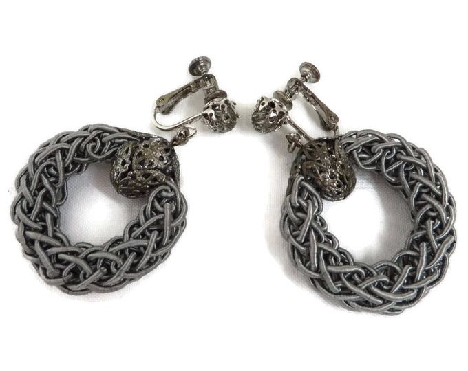 Miriam Haskell Dangling Earrings Vintage Filigree Ball Gray Braided Silk Hoop Screw Back Earrings