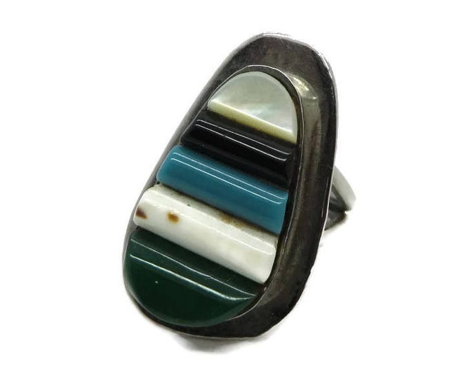 Navajo Turquoise MOP Onyx Ring Vintage Sterling Silver Multi-Gemstone Native American Ring Size 6